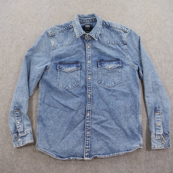 Zara Jacket Mens Medium Blue Denim Button Up Graphic Print MCM Pockets - Picture 1 of 12